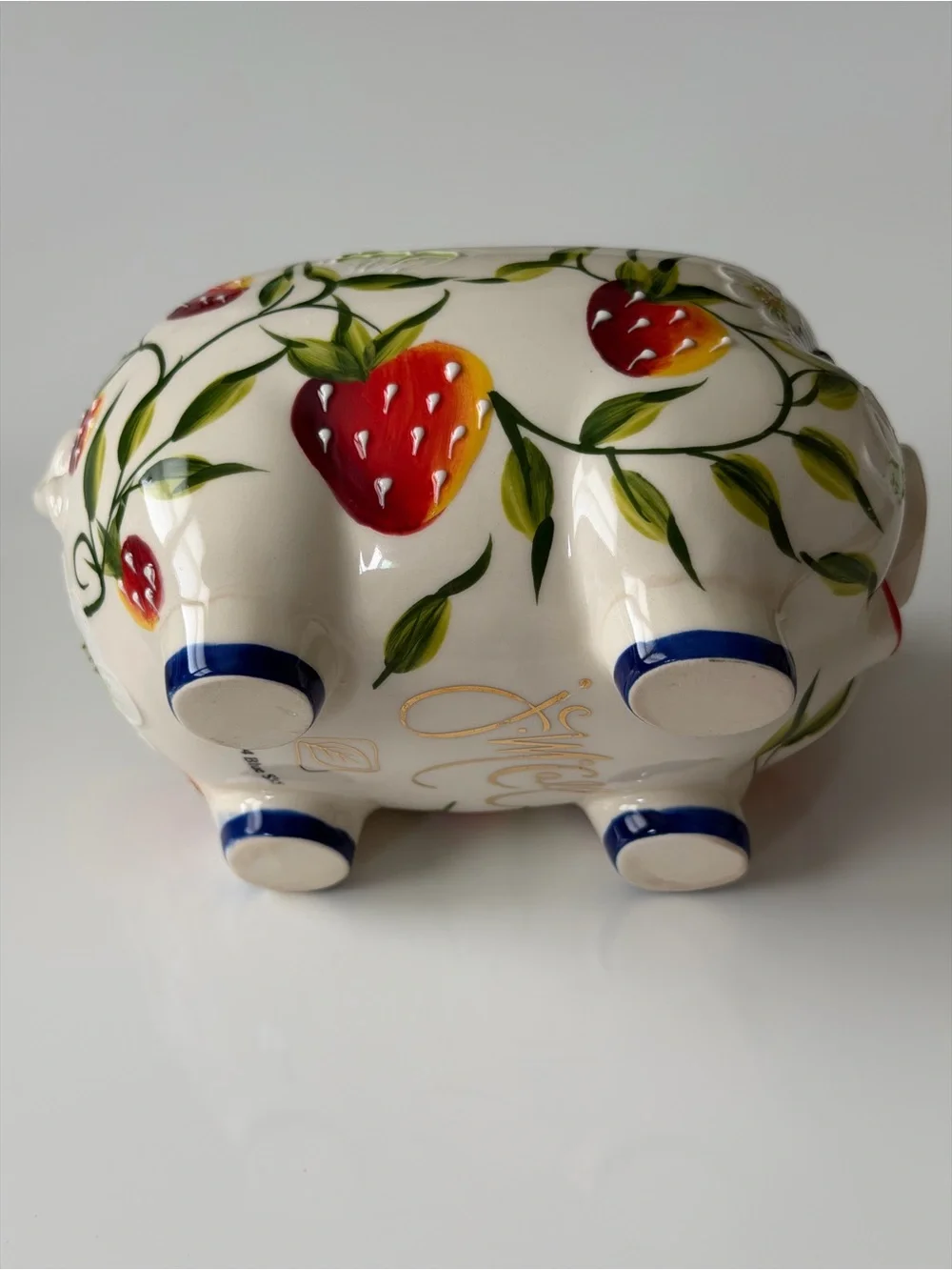 Blue Sky Heather J. McCall 2004 Hand-Painted Strawberry Pig Sugar Bowl Jam Pot